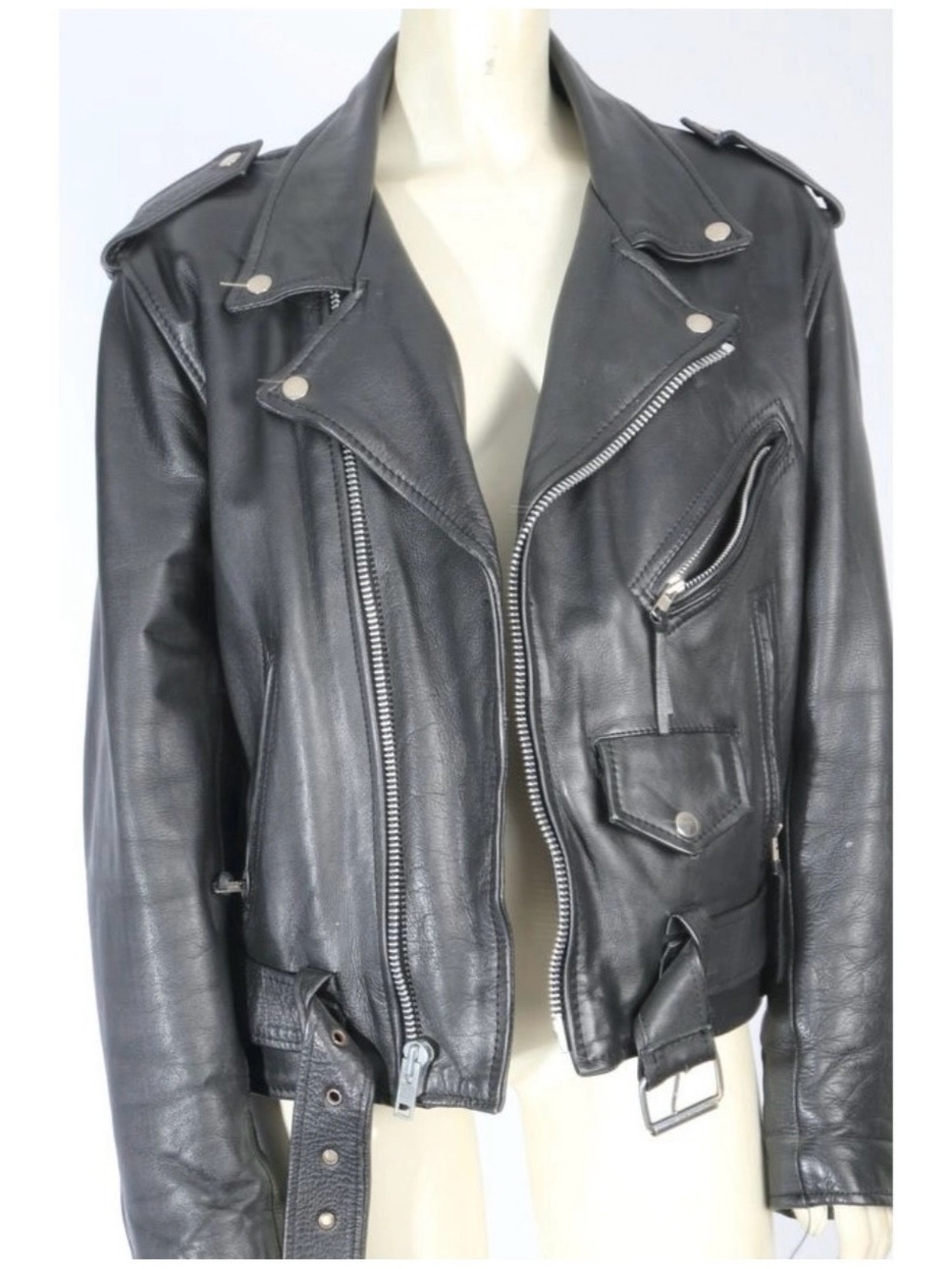 Women's Black Leather Biker Jacket with Belted Waist - Picture 3 of 7